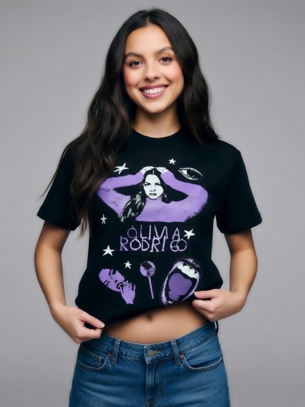 NEW Women's Olivia Rodrigo Short Sleeve Black Graphic Large Crew Neck T-Shirt